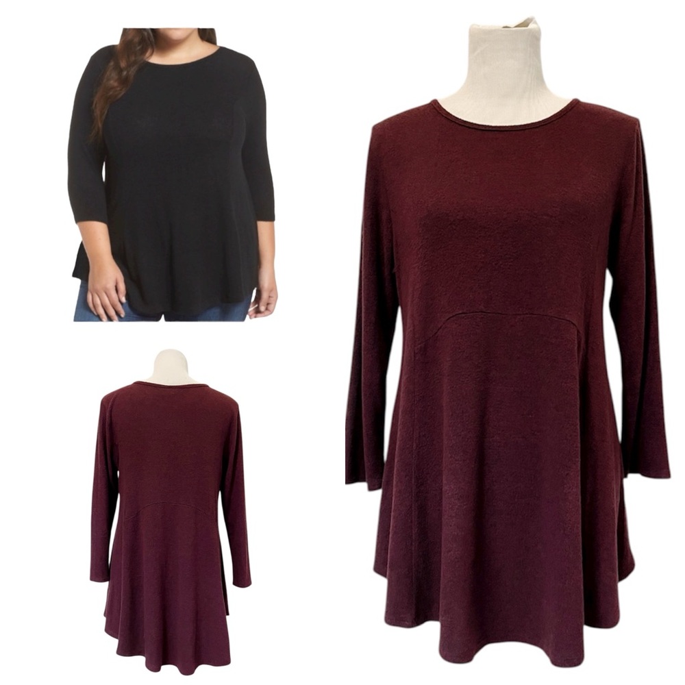 Brushed Knit Babydoll Tunic Blouse | B Collection by Bobeau, Merlot | Size Large